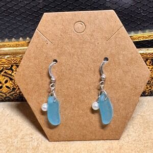 VTG Sea Glass Pearl Dangle Earrings Ocean Blue Handmade Sterling Silver‎ Hooks